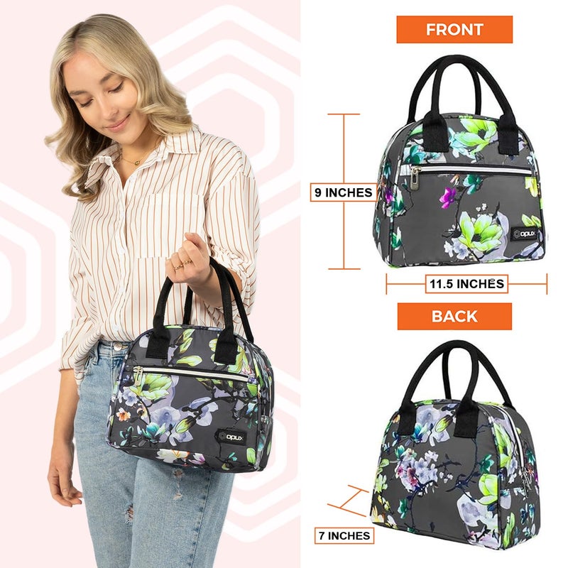 opux Insulated Lunch Box Women, Lunch Bag Tote Girls Kids Teen Adult, Cute Soft Lunch Cooler Container Work School, Reusable Thermal Food Meal Prep Organizer Lunch Pail Travel Beach, Floral Gray - Image 3